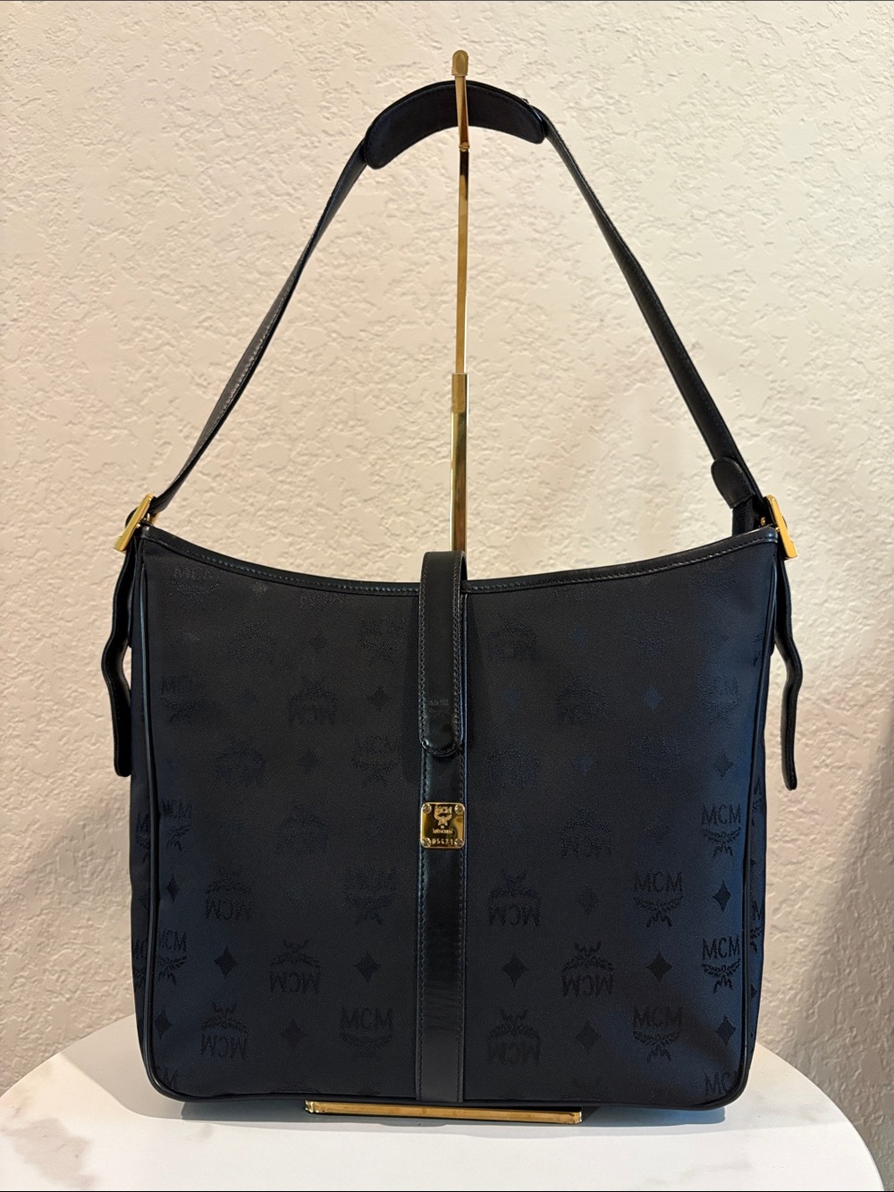 MCM Black Monogram Shoulder Bag with Gold Hardware